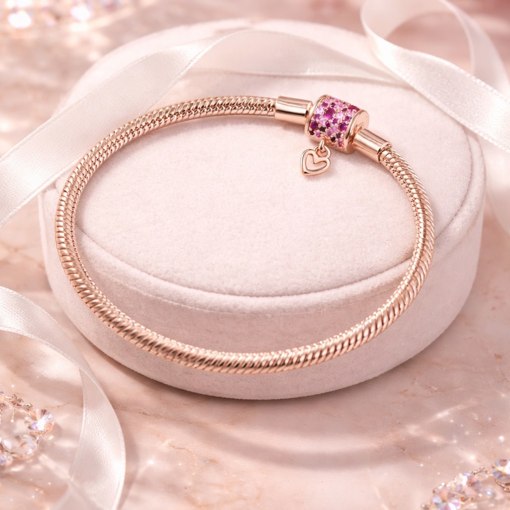 NEW Elegant Pink and Gold Bracelet with Heart Charm 18 inch